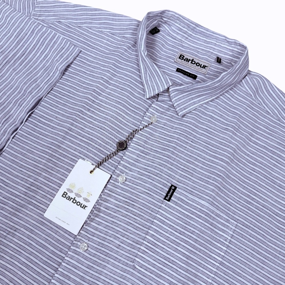 New Barbour Linen Mix Shirt Men XXL Blue White Striped Short Sleeve Regular Fit